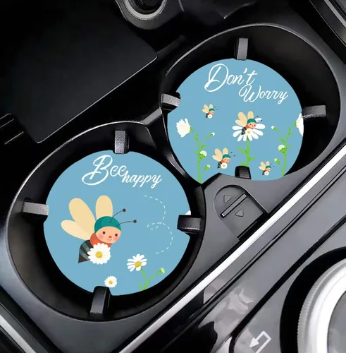 Vista 2 de LogHog Posavasos de cerámica para automóvil de 2.56 pulgadas, diseño adorable de abeja: no te preocupes, Bee Happy - Portavasos perfectos