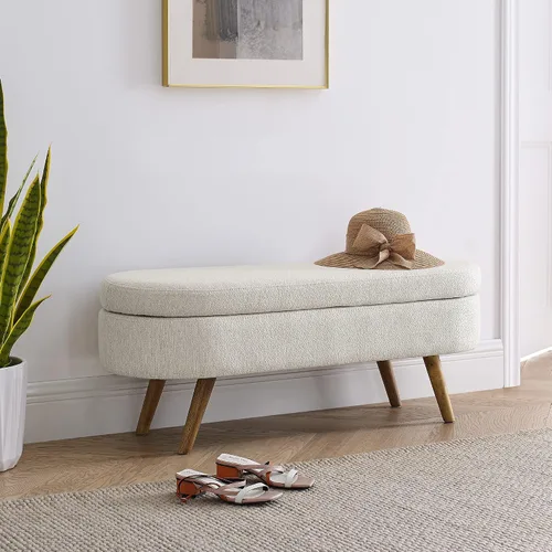 Vista 10 de Banco de almacenamiento ovalado otomano, taburete con patas de madera de goma para sala de estar, entrada y dormitorio (verde)