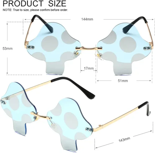 Vista 3 de JOVAKIT Gafas de sol con forma de hongo para mujeres y hombres, vintage, sin marco, retro, fiesta rave, Halloween, anteojos (doradoazul claro)