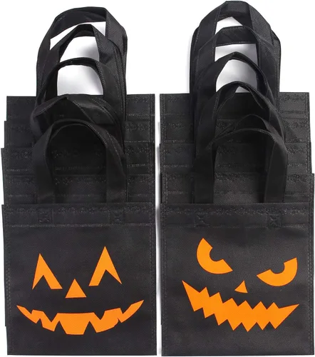 Vista 4 de Elcoho Paquete de 30 bolsas no tejidas de Halloween para pedir dulces o trucos, bolsas de calabaza, bolsas de regalo con asas, recuerdos de fiesta