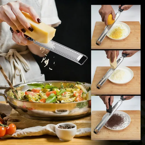 Vista 6 de Rallador de queso con agarre antideslizante, rallador de limón para frutas gitrus, chocolate, quesos duros
