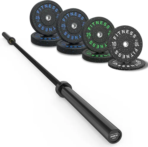 Vista 12 de Olympic Barbell Set, 2-Inch Bumper Plates with Weight Plate Rack Colored Crumb Rubber Weight Plates for Weight Lifting & Strength Training, 90–530