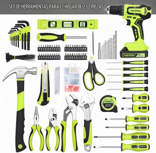 Vista 2 de FASTPRO Juego de herramientas para el hogar de 232 piezas con taladro, destornillador inalámbrico de 20 V, kit de herramientas de reparación