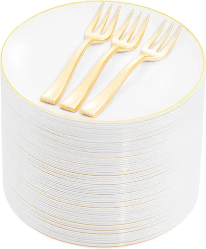 Vista 8 de Festiva 200 Piezas Platos de Postre Negro y Dorado de 6.3" con Tenedores de Plástico de 5"- Platos Desechables Pequeños- Platos de Plástico