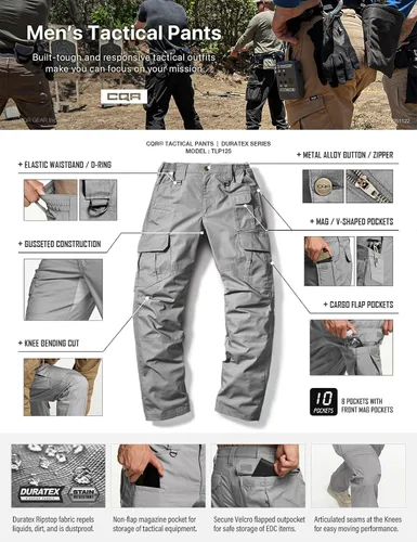 Vista 4 de CQR Pantalones tácticos para hombre, resistentes al agua, pantalones cargo Ripstop, ligeros EDC trabajo, senderismo, ropa para exteriores