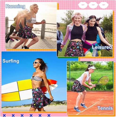 Vista 7 de Falda retro de los años 80 y 90 para mujer, falda de tenis, falda de golf, faldas atléticas de cintura alta con bolsillos para fiesta retro