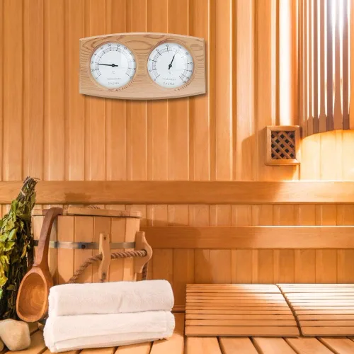 Vista 4 de Cosiki Termómetro de sauna, termómetro higrómetro de madera 2 en 1 para temperatura ambiente, higrómetro para sala de sauna, sala de vapor