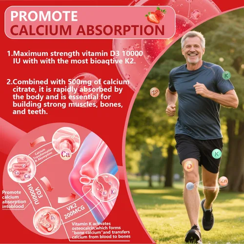 Vista 3 de Gomitas de vitamina D3 K2, sin azúcar, veganas, extra fuertes, con calcio y magnesio y zinc, para apoyo inmunológico, dientes óseos, salud