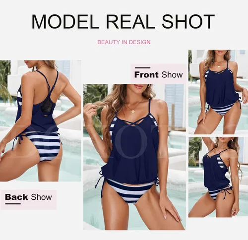 Vista 3 de Dokotoo - Conjunto de tankini para mujer con estampado de rayas de moda y forro doble tallas CH-3XG