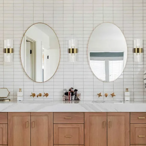 Vista 5 de Juego de 2 apliques de pared de cristal dorado, modernos apliques de cristal de iluminación de 2 luces de latón para pared de baño, pasillo