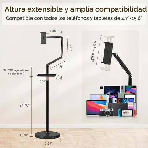 Vista 3 de Houele Soporte de Piso para Tableta con Bandeja Extraíble, Soporte de Piso para iPad para Cama, Soporte de Tableta de Altura Ajustable Porta iPad