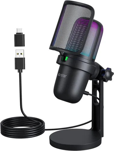 Vista 2 de Micrófono USB para juegos de transmisión, micrófono de escritorio de condensador de PC para video, uso doméstico, YouTube, con control RGB, perilla