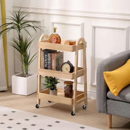 Vista 7 de Carrito de artesanía con ruedas de 3 niveles, madera de color claro, resistente, impermeable, con ruedas, para cocina, baño, lavandería