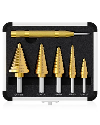 Vista 19 de Broca de cuatro Sprial Flauta M35 de cobalto, 1/4"-1-1/8" Ultra TiAIN recubierta Unibit broca, broca de vástago hexagonal de 1/4" para metal, acero