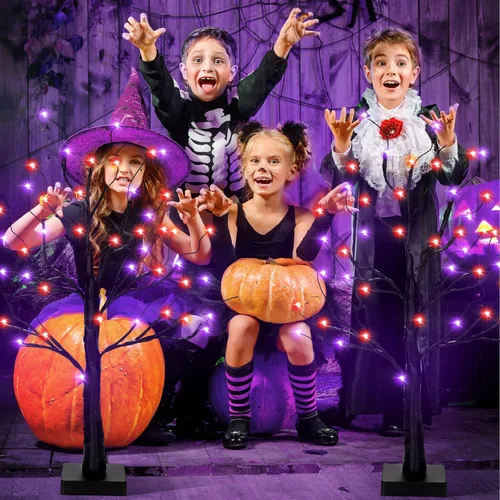 Vista 4 de Ganeen 2 piezas de decoración de Halloween para interiores de 24 pulgadas/2 pies iluminados naranja y morado árbol de abedules con 48 luces LED