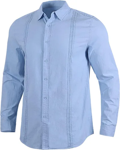 Vista 3 de Camisas de lino con botones para hombre, estilo casual, manga larga, ajuste regular, de algodón, con bolsillo