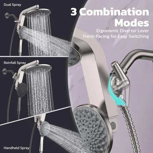 Vista 6 de HOPOPRO Rain Shower Head with Handheld, 9" Dual Shower Heads Combo Brushed Nickel