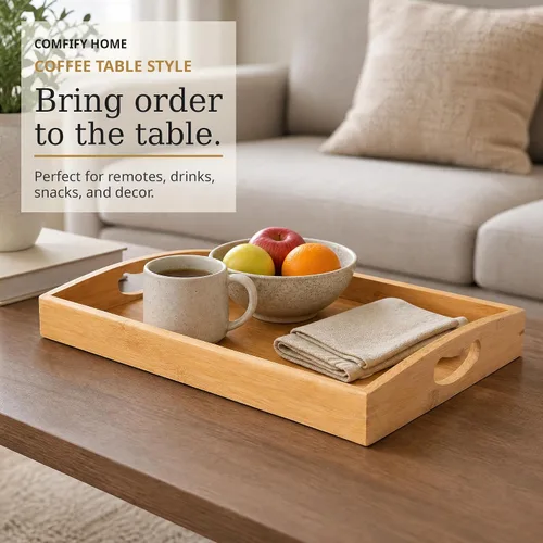 Vista 5 de Comfify Bandejas de bambú para servir, juego de 3 bandejas otomanas para alimentos, entretenimiento y decoración, diseño minimalista Natural