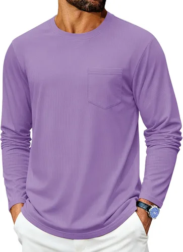 Vista 22 de Cotrasen Camisetas de manga larga para hombre de algodón con cuello redondo, camisetas T con bolsillo que absorben la humedad, suaves, cómodas