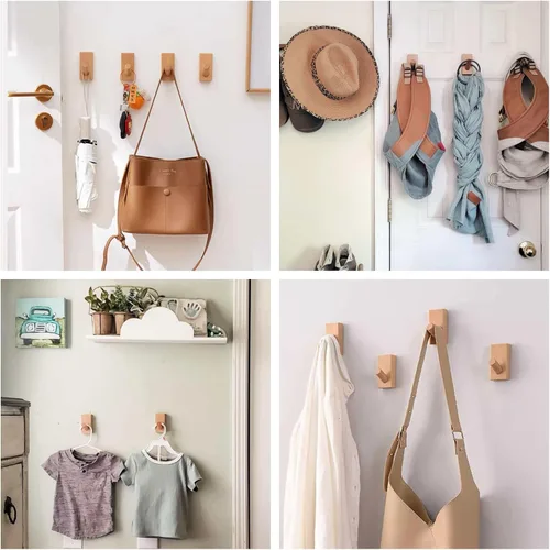 Vista 4 de HomeDo Paquete de 4 Ganchos Adhesivos de Pared Perchero para Sombreros, Ganchos de Madera para Abrigos Montados en la Pared, Ganchos Decorativos