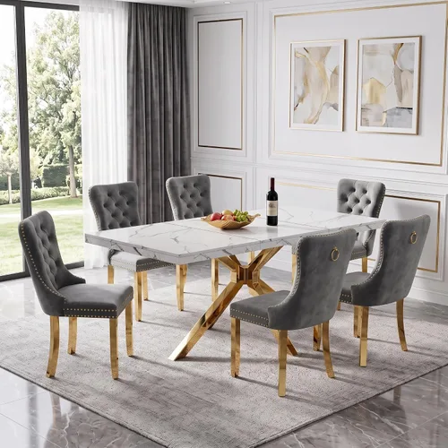 Vista 21 de Henf Mesa de comedor de mármol sintético blanco de 70 pulgadas para 4-6 personas, mesa de cocina rectangular moderna con mesa de mármol sintético