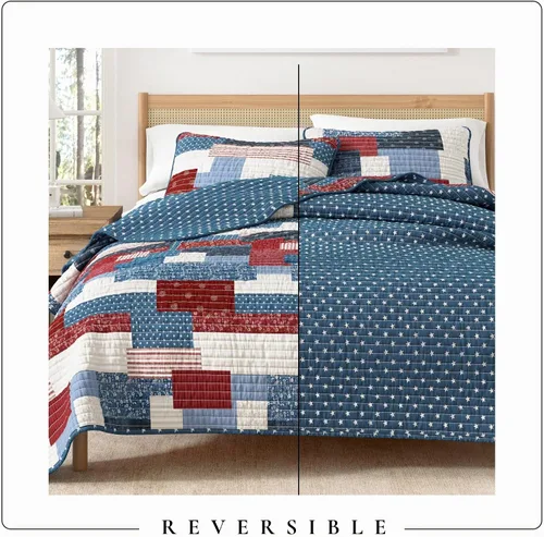 Vista 5 de Great Bay Home Juego de edredón de microfibra de 2 piezas Twin/Twin XL con fundas de almohada, diseño reversible de patchwork americano, juego