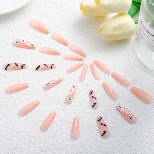 Vista 6 de Uñas postizas de Halloween con diseño de ataúd, uñas postizas acrílicas extralargas con diseños, uñas postizas de cobertura completa con gel, 24