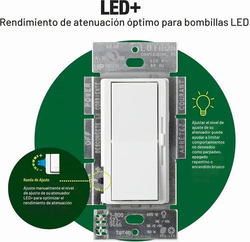 Vista 12 de Lutron Diva LED+ Interruptor de atenuación, atenuador de paleta, un solo polo/3 vías Almendra