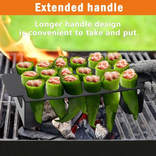 Vista 5 de Rejilla de jalapeño negro de 18 agujeros para chile, parrilla de acero inoxidable con asa, soporte de jalapeño para barbacoa, ahumador u horno