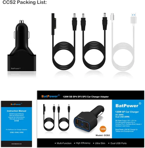 Vista 7 de BatPower CCS2 - Cargador de coche para computadora portátil de alta potencia, 120 W, compatible con Microsoft Surface Book Laptop 4 3 2 1 Surface