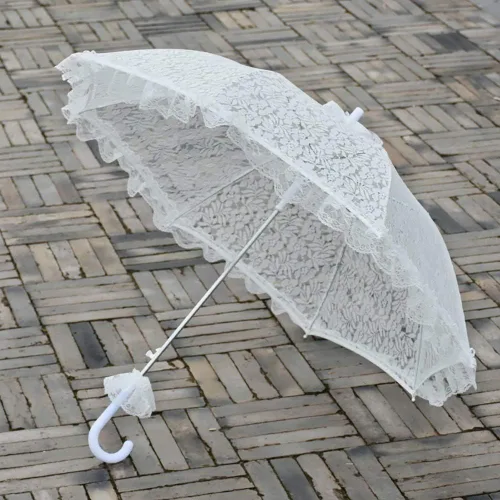 Vista 4 de Ochine Suministros de fiesta de boda Paraguas de encaje de novia blanca Patrón de rosa hecho a mano Paraguas de estudio de fotografía de boda