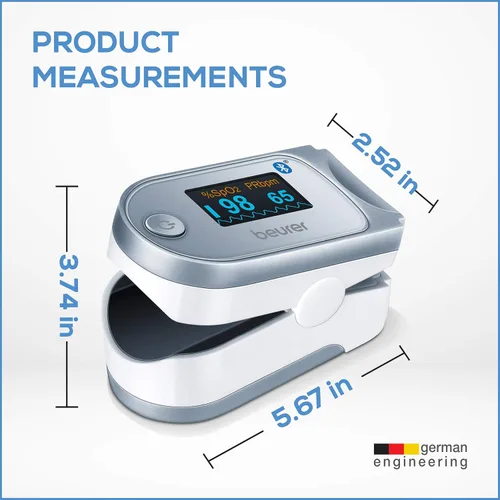 Vista 8 de Beurer Oxímetro de pulso digital Bluetooth para la punta del dedo, monitor de saturación de oxígeno en sangre y frecuencia cardíaca con accesorios