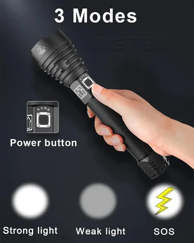 Vista 2 de Linterna recargable de alto lúmenes, linternas LED de mano súper brillantes, luz de flash USB C de alta potencia, 3 modos de zoom, impermeable
