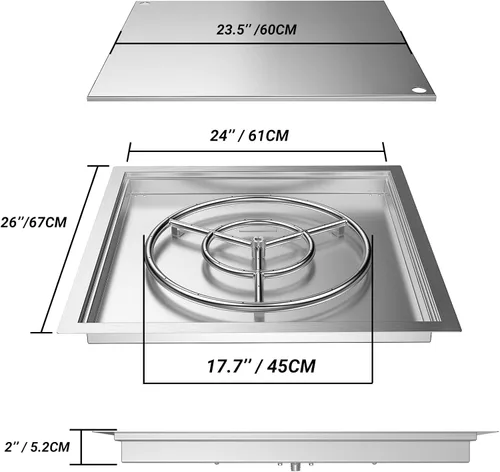 Vista 2 de Skyflame Kit de hoguera cuadrada de acero inoxidable de 24 x 24 pulgadas con bandeja para quemador de fuego, anillo de quemador de fuego y tapa