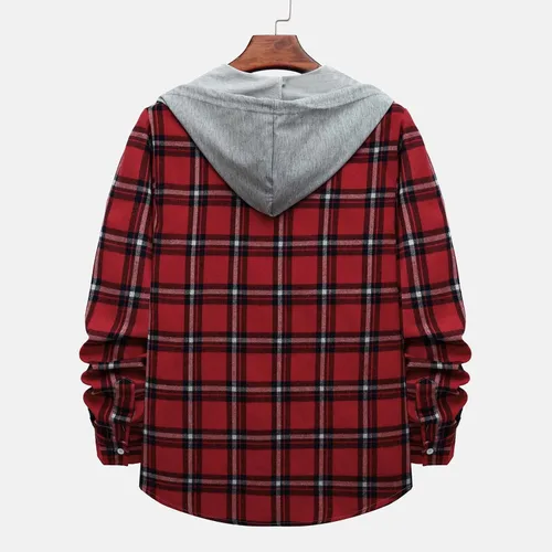 Vista 4 de Aymnlox Sudaderas con capucha para hombre, de manga larga, a cuadros, con botones, con capucha, casual, elegante, con cordón, 2024 #A01-Red