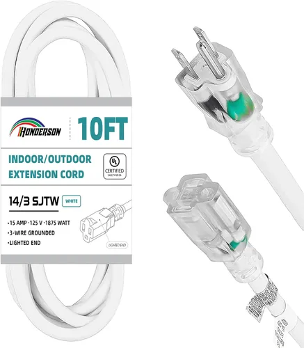 Vista 12 de Cable de extensión resistente a la intemperie con extremo iluminado, certificado UL, calibre 10, 3 pies, color blanco, 3 clavijas, resistente, cable