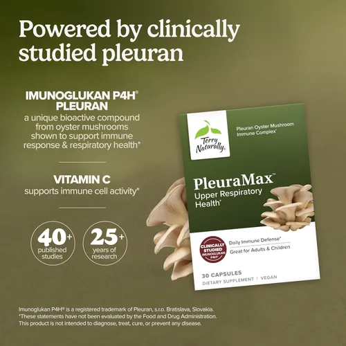 Vista 3 de Terry Naturally PleuraMax - Suplemento de salud respiratoria superior - Procedente de hongos ostra - Incluye vitamina C para apoyo inmunológico
