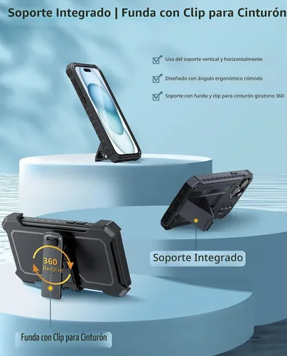 Vista 3 de FNTCASE Funda para iPhone 15 Plus con clip para cinturón y soporte, color Negro