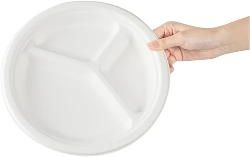 Vista 10 de Restaurantware Platos redondos sin PFAS añadidos de 10.3 x 1 pulgada, 100 platos desechables, sostenibles, 3 compartimentos, platos de bagazo