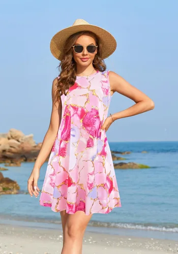 Vista 6 de Vestidos de verano para mujer, vestidos informales para la playa, salidas de baño, vestido acampanado y con vuelo, sin mangas, tipo camiseta