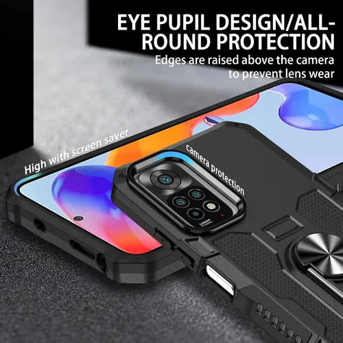 Vista 5 de Compatible con Xiaomi Redmi Note 11S/11 4G Funda para teléfono y protector de pantalla de vidrio templado, soporte de anillo, soporte magnético