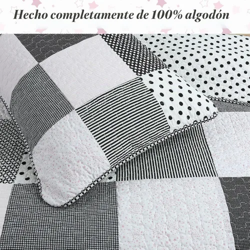 Vista 2 de Cozy Line Home Fashions - Juego de ropa de cama reversible de lunares y rayas en negro, blanco y rosa, con estrellas, de 100% algodón, colcha