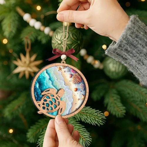 Vista 2 de Adorno acrílico de tortuga marina con tarjeta de historia, regalos de tortuga marina para mujeres, regalos de playa para mujeres, adornos de Navidad