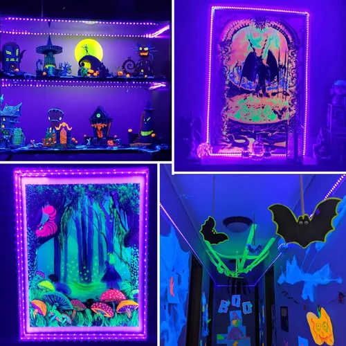 Vista 2 de Tiras de luz LED negras de 6.6 pies, 120 tiras LED UV a pilas para fiesta brillante, Halloween, vidrio, póster, pintura, batería no incluida