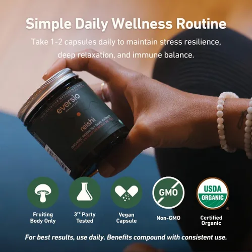 Vista 6 de Cápsulas Reishi orgánicas – Extracto dual 15:1, 45% beta-glucanos – Suplemento de hongos corporales fructíferos para el estrés, el sueño y el apoyo