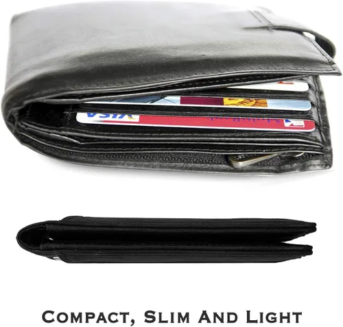 Vista 4 de YBONNE Cartera plegable compacta funcional con bloqueo RFID para hombres, hecha de cuero auténtico más fino