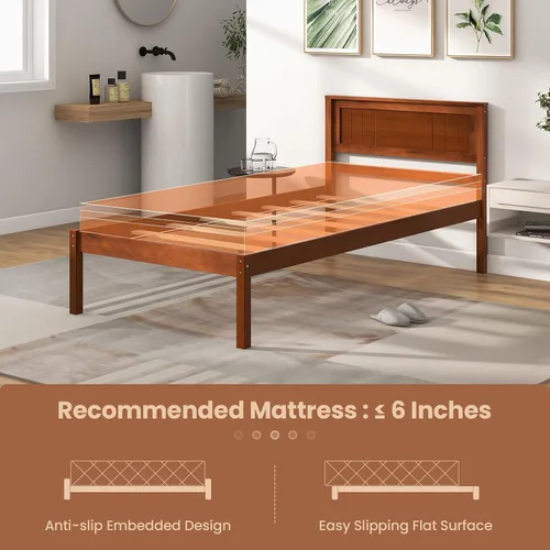 Vista 6 de Giantex Base de cama individual con cabecero, cama de plataforma de madera maciza con soporte de listones de madera, cama individual