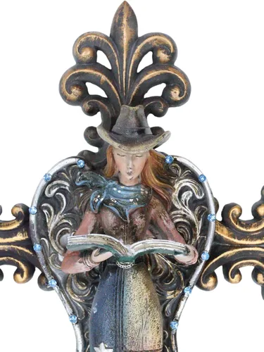 Vista 5 de Ebros Gift Rustic Fleur De Lis Le Fleur French Lily with Texas Western Cowgirl Angel Wall Cross Decor Placa Colgante Escultura Figurita 17" Alto