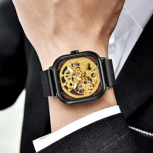 Vista 3 de Fashion Automatic Watches Mechanical Wrist Watch Golden for Mens Skeleton Watches with Stainless Steel Transparent Dial