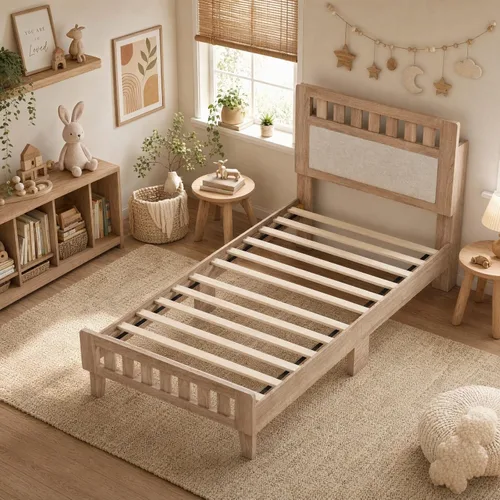 Vista 9 de KOMFOTT Base de cama individual de madera con cabecera tapizada, plataforma moderna de mediados de siglo con espacio debajo de la cama, base